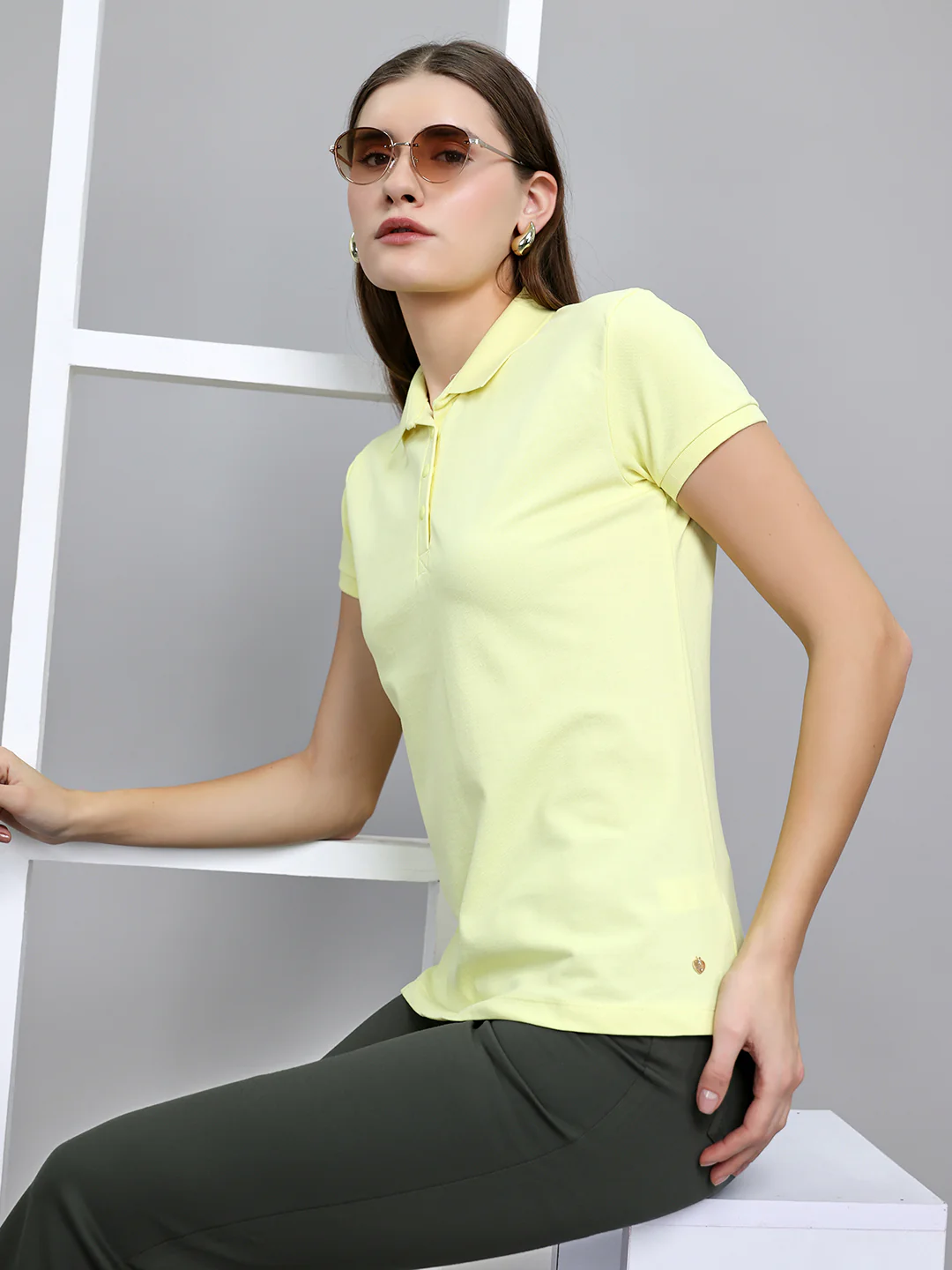 Women Yellow Solid Collar Half Sleeve T-Shirt - Image 6
