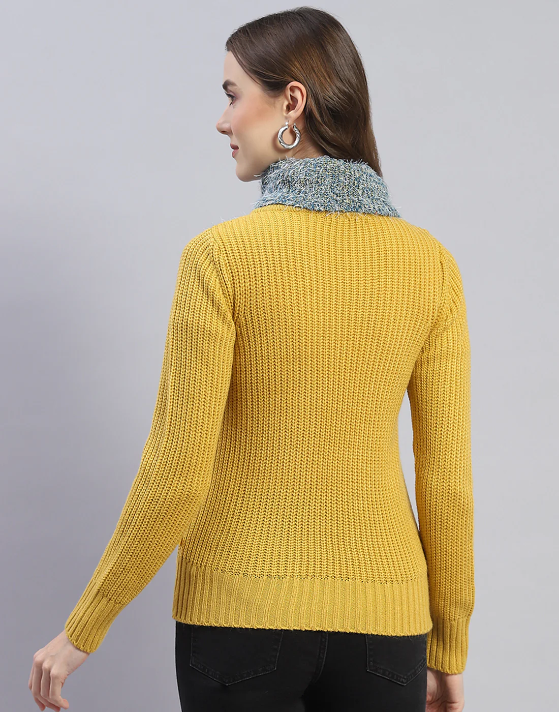Women Yellow Solid H Neck Full Sleeve Sweater - Image 5