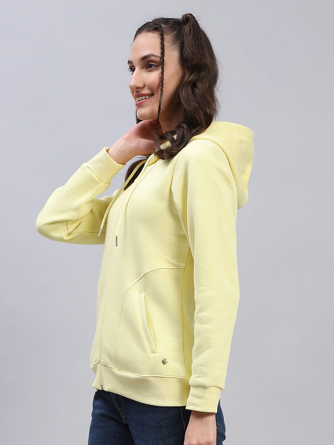 Women Yellow Solid Hooded Full Sleeve Sweatshirt - Image 3