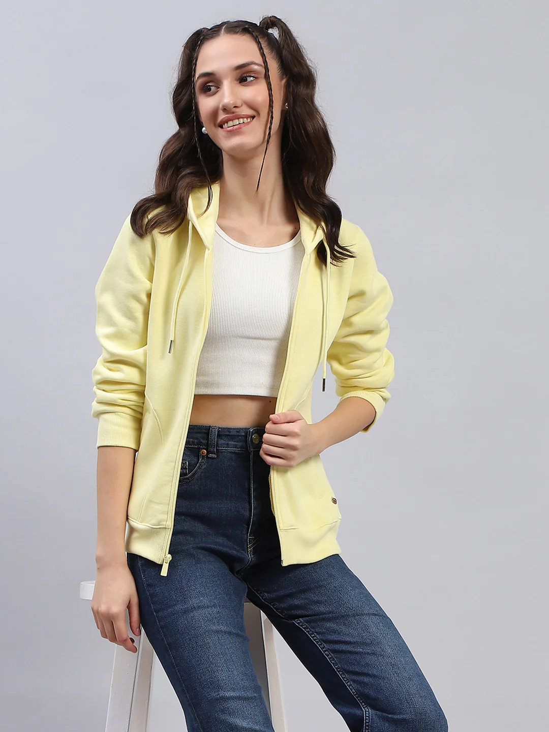 Women Yellow Solid Hooded Full Sleeve Sweatshirt - Image 6