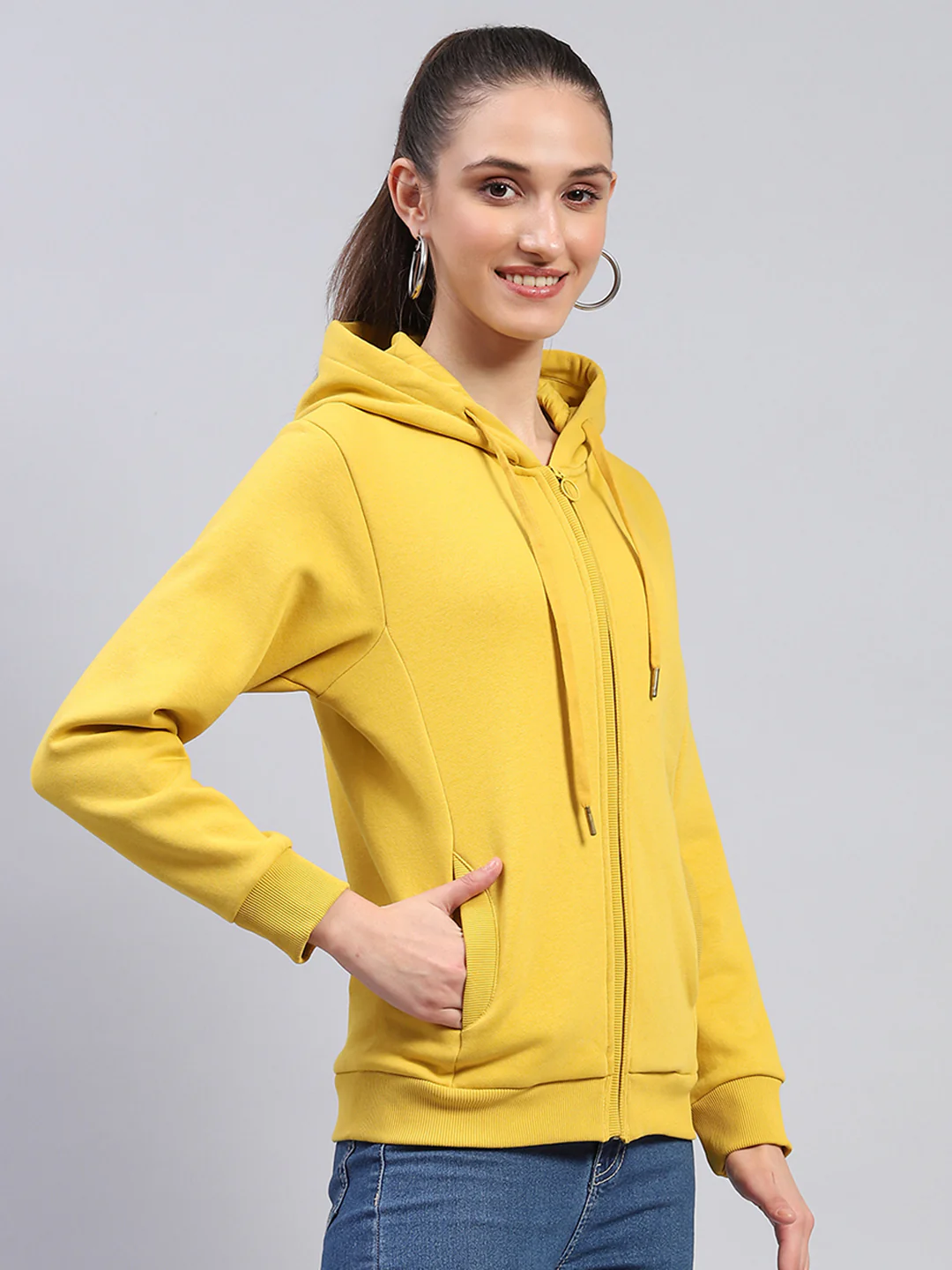 Women Yellow Solid Hooded Full Sleeve Sweatshirt - Image 4