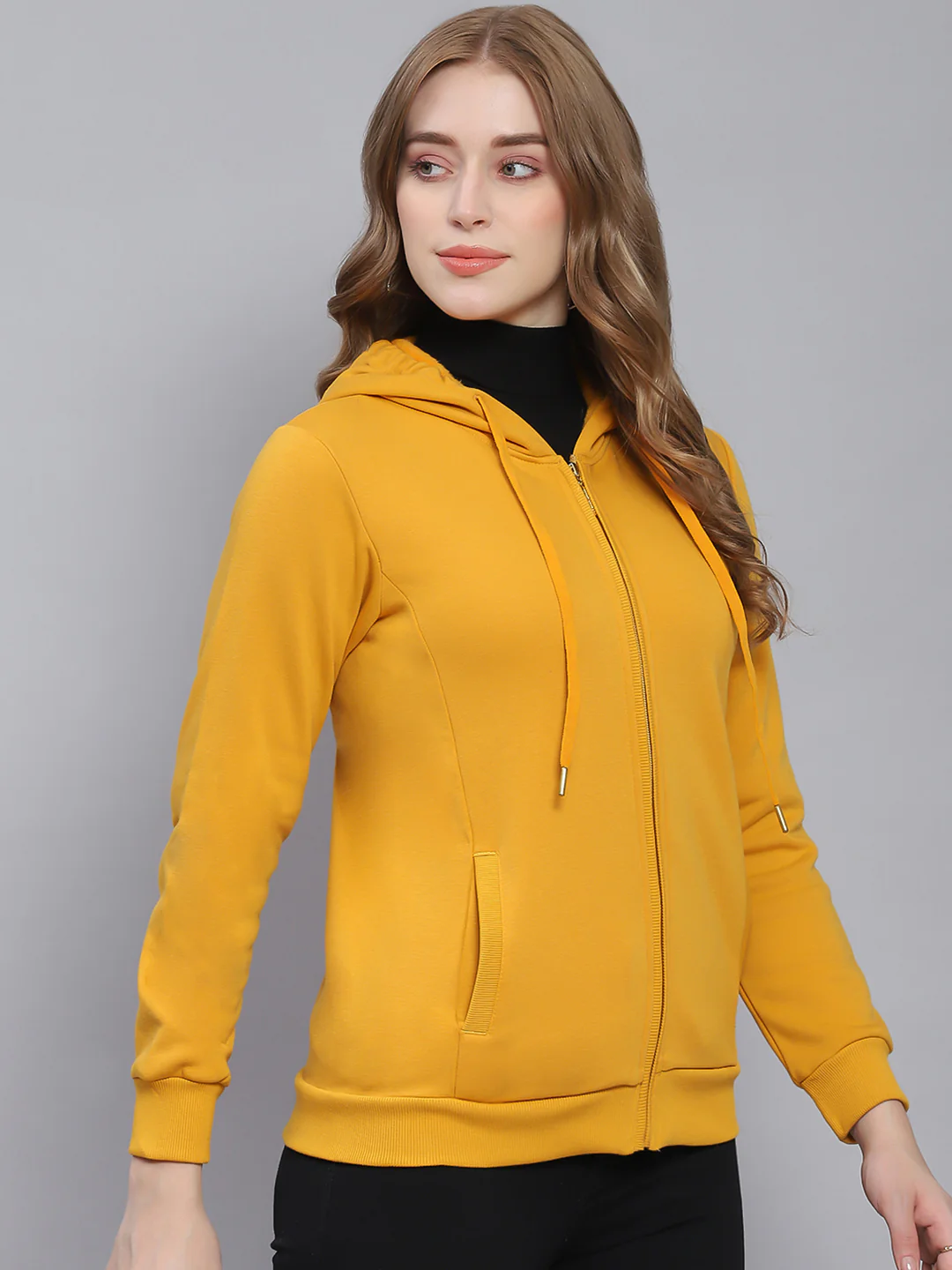 Women Yellow Solid Hooded Full Sleeve Sweatshirts - Image 4