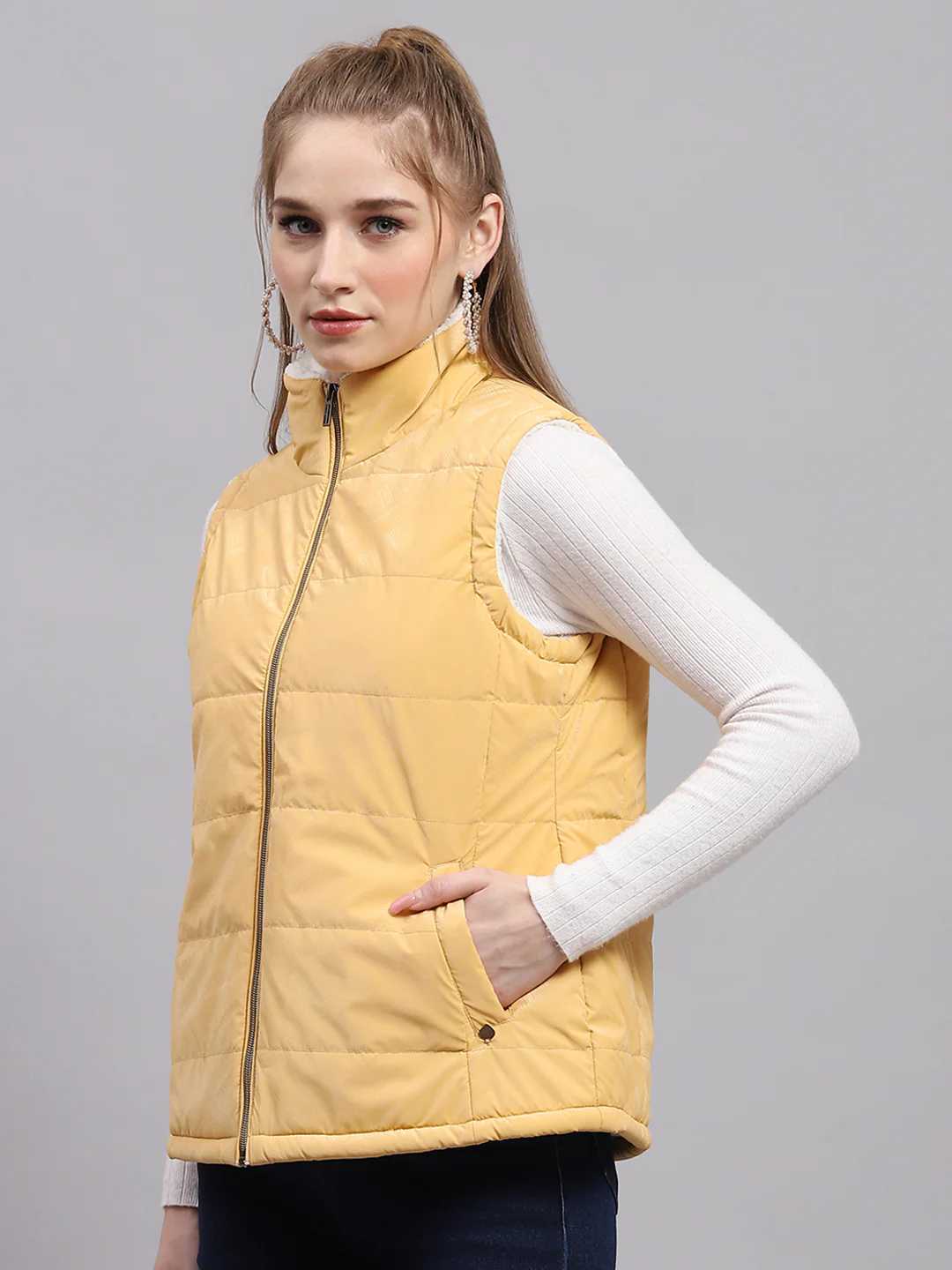 Women Yellow Solid Mock Neck Sleeveless Jacket - Image 3