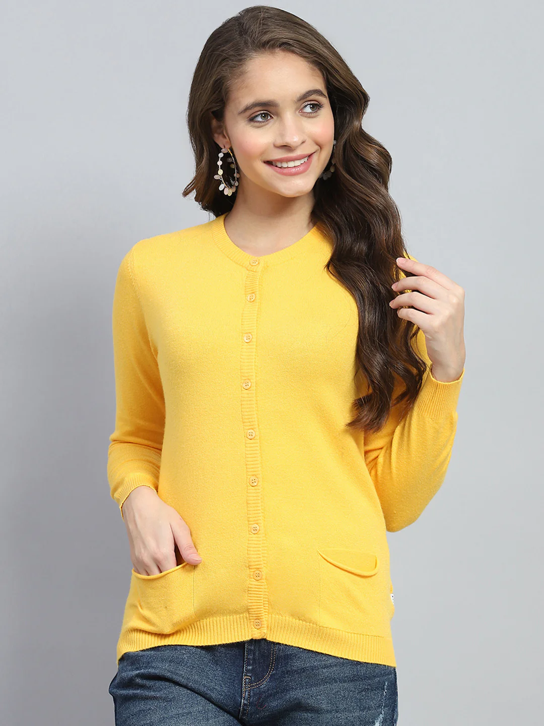Women Yellow Solid Round Neck Full Sleeve Cardigan - Image 2