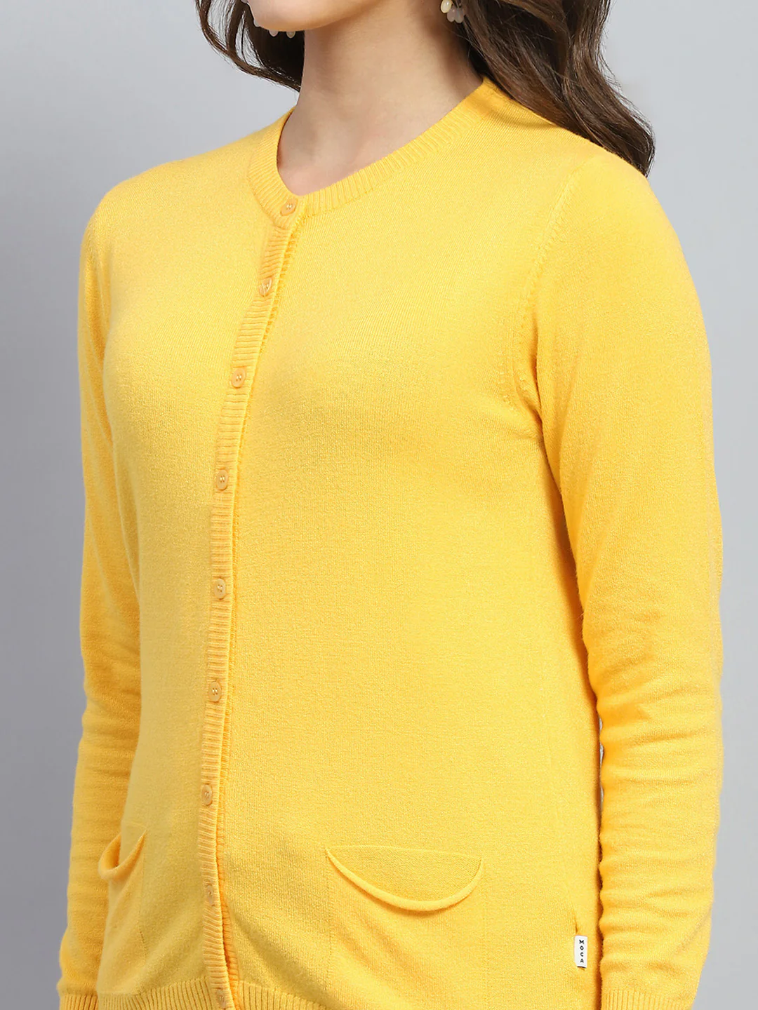 Women Yellow Solid Round Neck Full Sleeve Cardigan - Image 6