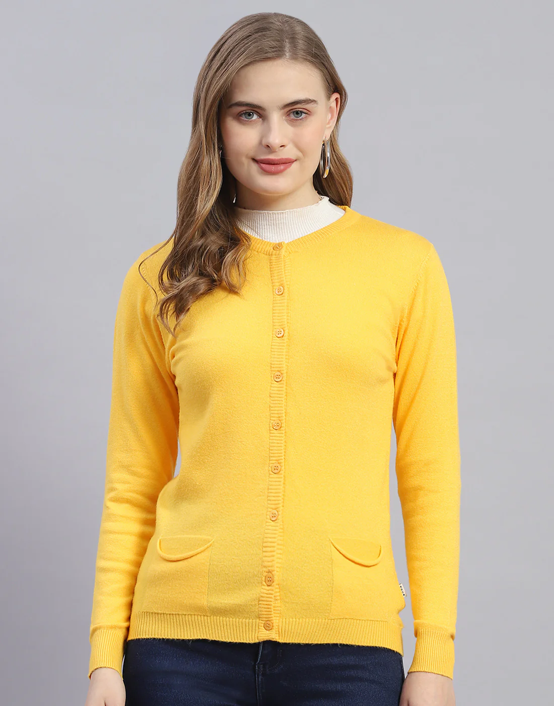 Women Yellow Solid Round Neck Full Sleeve Cardigan - Image 2