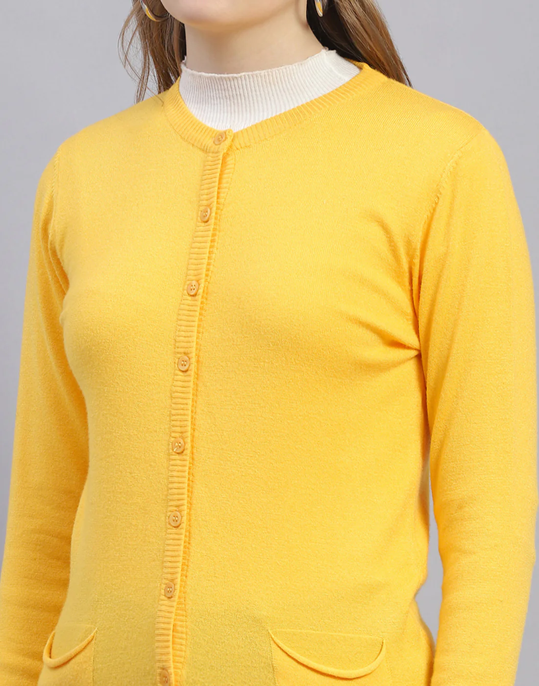 Women Yellow Solid Round Neck Full Sleeve Cardigan - Image 7