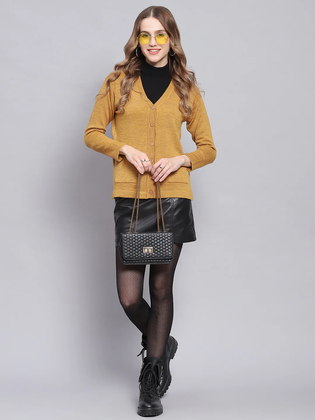 Women Yellow Solid V Neck Full Sleeve Cardigans - Image 2