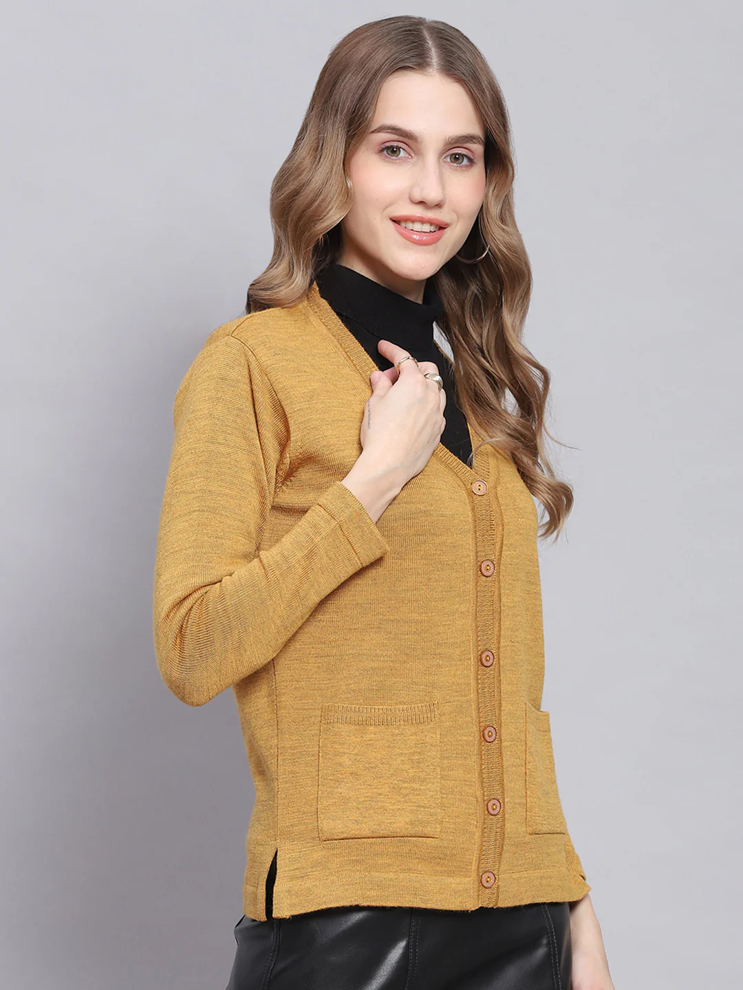 Women Yellow Solid V Neck Full Sleeve Cardigans - Image 4